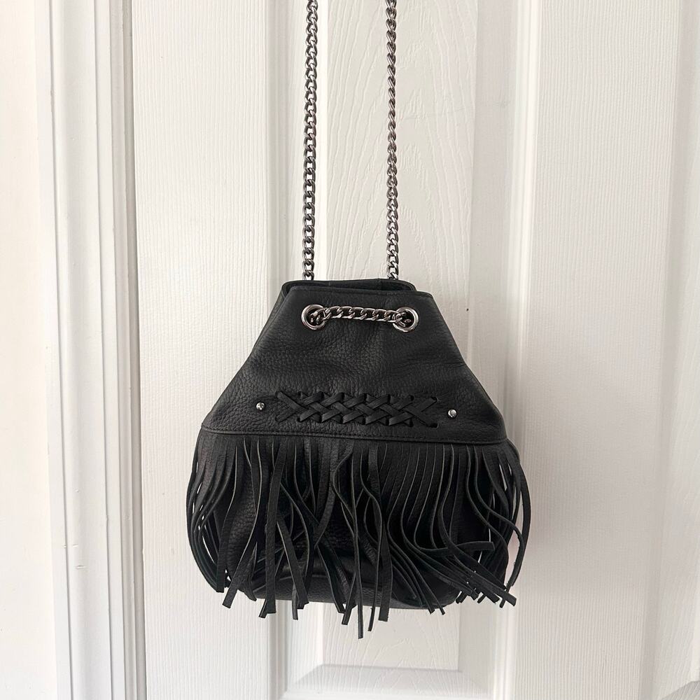 Lauren Ralph Lauren RLL Black Leather Fringe Barton Eloise Drawstring Mini Bag
